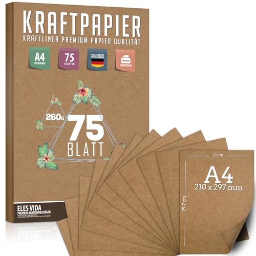 75 Blatt Kraftpapier A4 Set - 120g & 180g & 260g - 21 x 29,7 cm - DIN Format - Bastelpapier & Naturkarton Pappe Blätter aus Kraftkarton zum Drucken, Kartonpapier Basteln für Vintage Hochzeit von ELES VIDA