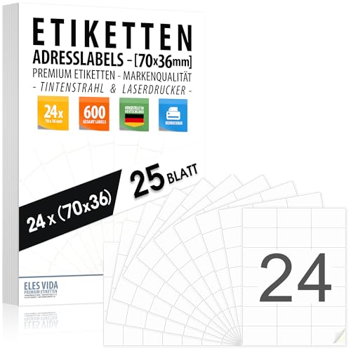 Adressaufkleber 70x36mm (600 Labels - 25 Blatt) Selbstklebend und bedruckbar (24 pro DIN A4 Bogen) mit Inkjet- und Laserdrucker Aufkleber, Drucker Etiketten - MADE IN GERMANY von ELES VIDA