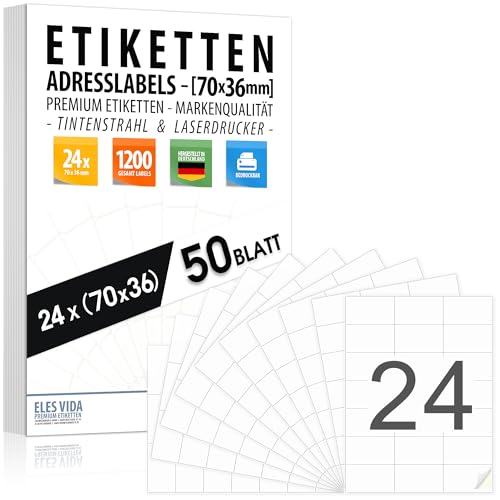 Adressetiketten in 70x36 mm (50 Blatt - 1200 Adressaufkleber) (24 pro DIN A4 Bogen), bedruckbar mit Inkjet- und Laserdrucker Aufkleber, Drucker Etiketten - MADE IN GERMANY von ELES VIDA