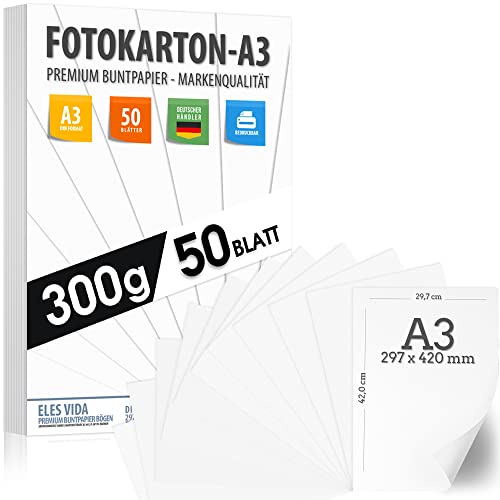 A3 Bastelkarton 300g/m² – 50 Blatt Fotokarton - PREMIUM PAPIER Reinweiß - Weißes Druckerpapier Weiss unbedruckt für Fotografie, Präsentationen, Basteln, FOTOKARTON, Karton - MADE IN GERMANY von ELES VIDA