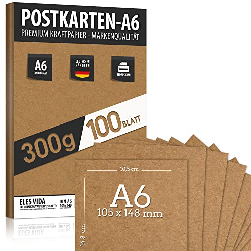 Blanko Kraftpapier Postkarten zum bedrucken - DIY DIN A6 Set - 300g - 10,5 x 14,8 cm - 100 Stück - Pappe Blätter aus Kraftkarton zum Drucken Kartonpapier Basteln für Hochzeit Geschenke Kreativ Zubehör von ELES VIDA