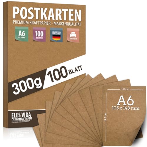 Blanko Kraftpapier Postkarten zum bedrucken - DIY DIN A6 Set - 300g - 10,5 x 14,8 cm - 100 Stück - Pappe Blätter aus Kraftkarton zum Drucken Kartonpapier Basteln für Hochzeit Geschenke Kreativ Zubehör von ELES VIDA