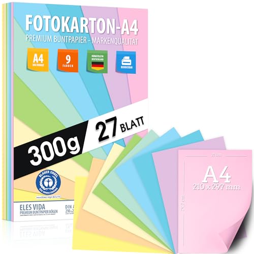 Buntes Papier Pastell Fotokarton DIN A4 – 300g - 9 Farben – Festes Papier - Farbige Pastel Blätter, Kinder & DIY Bögen, Bastel, Pastellfarben 27 Blatt - BLAUER ENGEL zertifiziert - MADE IN GERMANY von ELES VIDA