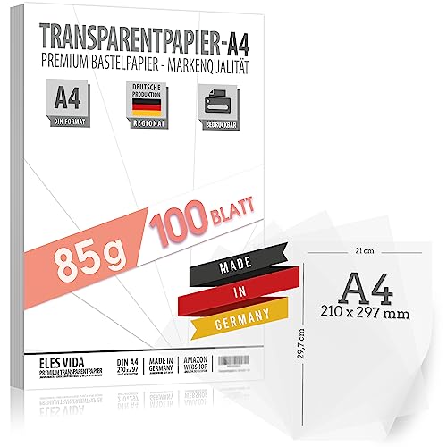 DIN A4 Transparentpapier 100 Blatt A4 85 g/m² BEDRUCKBAR - Pergamynpapier - Pergamentpapier Transparenzpapier - Zeichnen Pauspapier Laternenpapier - Für Laternenzuschnitte von ELES VIDA