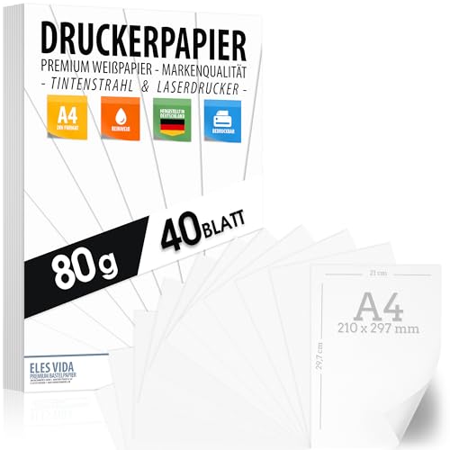 Druckerpapier A4 80g weiß – 40 Blatt - PREMIUM PAPIER Reinweiß - DIN A4-21 x 29,7 cm - Kopierpapier, Laserdrucker & Tintenstrahl für Uni, Fotografie, Präsentationen Ideal für Büro & Office von ELES VIDA