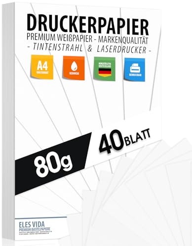 Druckerpapier A4 80g weiß – 40 Blatt - PREMIUM PAPIER Reinweiß - DIN A4-21 x 29,7 cm - Kopierpapier, Laserdrucker & Tintenstrahl für Uni, Fotografie, Präsentationen Ideal für Büro & Office von ELES VIDA