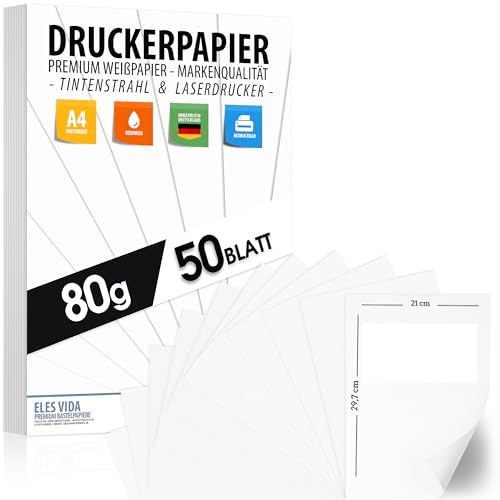 Druckerpapier A4 80g weiß – 50 Blatt - PREMIUM PAPIER Reinweiß - DIN A4-21 x 29,7 cm - Kopierpapier, Laserdrucker & Tintenstrahl für Uni, Fotografie, Präsentationen Ideal für Büro & Office von ELES VIDA