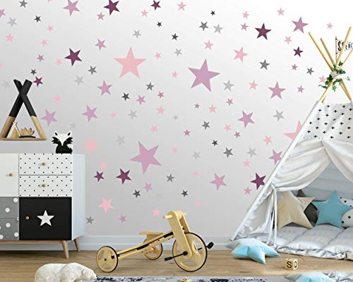 ELES VIDA - 50 Sterne Wandtattoo fürs Kinderzimmer - Wandsticker Set - Pastell Farben, Baby Sternenhimmel zum Kleben Wandaufkleber Sticker Wanddeko - Kleinkinder, Rauhfaser, Grau-Pink-Lila von ELES VIDA