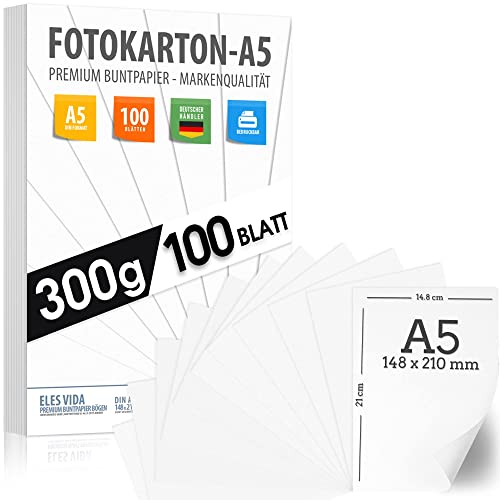 Fotokarton A5 WEISS 300g/m² Blanko- PREMIUM PAPIER Zeichenpapier - unbedruckt für Karteikarten, Präsentationen, Basteln, DIY Dickes Papier - Für Uni Lernen Kindergarten, Karton MADE IN GERMANY von ELES VIDA