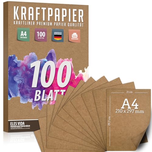 Kraftpapier A4-300 g - 21 x 29,7 cm - Bedruckbar - DIN Format, Naturkarton & DIY Deko Bastelpapier Pappe Blätter aus Kraftkarton zum Basteln für Hochzeit, Vintage Geschenke Kartonpapier 100 Blatt von ELES VIDA