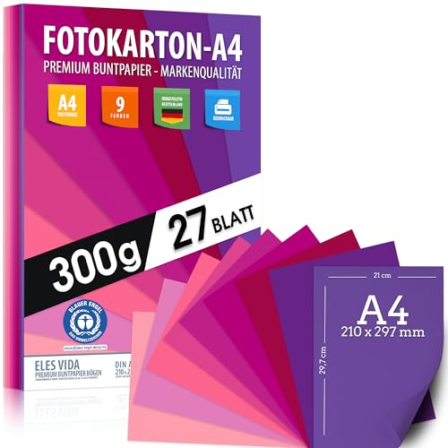 Magenta Farben FOTOKARTON A4 27 Stück Purpur - 300g Blätter – Bastel Papier - Blau, Lila, Pink, Violett, Pappe zum Basteln, Zeichenkarton - BLAUER ENGEL zertifiziert - MADE IN GERMANY von ELES VIDA