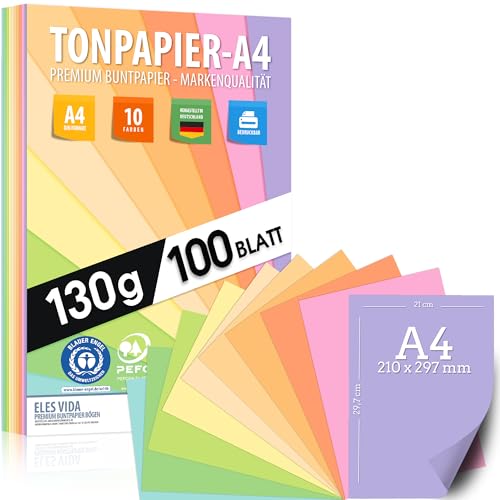 Pastell Tonzeichenpapier DIN A4-100 Blatt 130g - 10 Farben – Festes Papier - Farbige Blätter für Schule, Kinder & DIY, Bastel, Pastellfarben - BLAUER ENGEL zertifiziert - MADE IN GERMANY von ELES VIDA