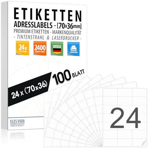 Selbstklebende 70x36 mm, 2400 Labels Adressetiketten / 100 Blatt (24 pro DIN A4 Bogen), bedruckbar mit Inkjet- und Laserdrucker Aufkleber, Drucker Etiketten - MADE IN GERMANY von ELES VIDA