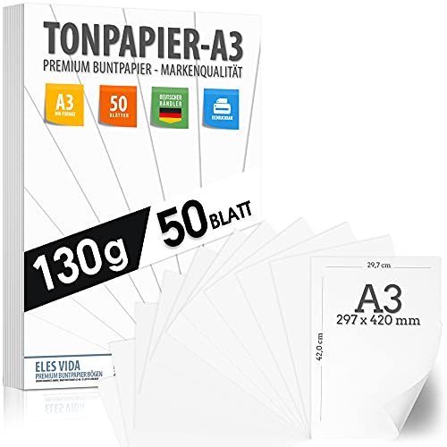 TONZEICHENpapier A3 – 130g – 50 Blätter – Bastel Bogen - Stabiles Zeichenpapier, Pappe zum Basteln, Zeichenkarton - DIY - Kreativ Zubehör für Fotoalben Weiß von ELES VIDA