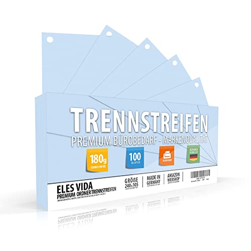 TRENNSTREIFEN 24 x 10,5 cm Blanko - Festes Material 190g - robust beschreibbar - AUS DEUTSCHLAND - für A5 und A4 Ringordner - Registerblätter für bessere Ordnung - 100 Stück Blau von ELES VIDA