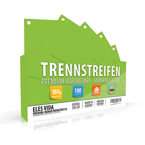 TRENNSTREIFEN 24 x 10,5 cm Blanko - Festes Material 190g - robust beschreibbar - AUS DEUTSCHLAND - für A5 und A4 Ringordner - Registerblätter für bessere Ordnung - 100 Stück Grün von ELES VIDA