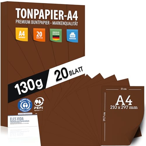 Tonpapier BRAUN - A4-130g/m² – Stabil Bastelpapier & Farbige Blätter, Kinder & DIY Bogen, Zubehör zum Basteln für Geschenke zum Kreativ sein Bedruckbar - DIN A4 - MADE IN GERMANY von ELES VIDA