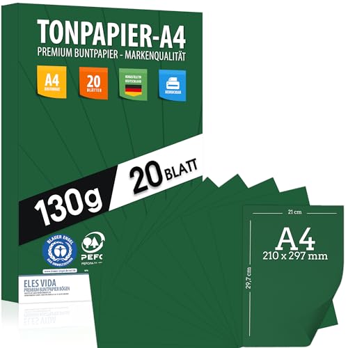 Tonpapier DUNKELGRÜN - A4-130g/m² – Bastelpapier & Farbige Blätter, Kinder & DIY, Zubehör zum Basteln für Geschenke zum Kreativ sein Bedruckbar - BLAUER ENGEL & PEFC Zertifizierung - MADE IN GERMANY von ELES VIDA