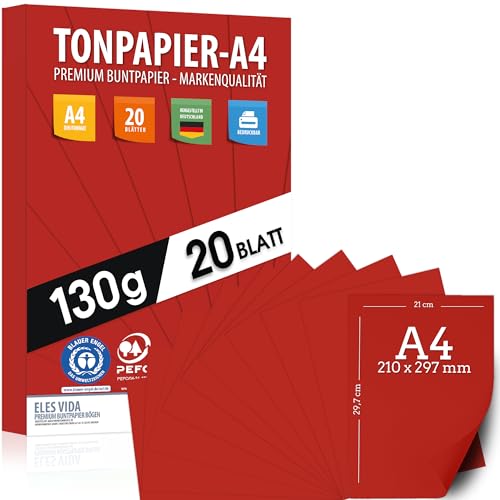 Tonpapier ROT - A4-130g/m² – Stabil Bastelpapier & Farbige Blätter, Kinder & DIY Bogen, Zubehör zum Basteln für Geschenke zum Kreativ sein Bedruckbar - DIN A4 - MADE IN GERMANY von ELES VIDA