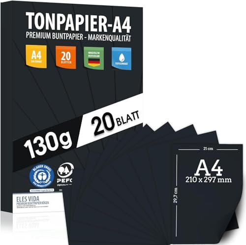 Tonpapier SCHWARZ - A4-130g/m² – Bastelpapier & Schwarzer Karton, Kinder & DIY Bogen, Basteln für Geschenke zum Kreativ sein Bedruckbar - BLAUER ENGEL & PEFC Zertifizierung - MADE IN GERMANY von ELES VIDA