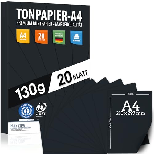 Tonpapier SCHWARZ - A4-130g/m² – Bastelpapier & Schwarzer Karton, Kinder & DIY Bogen, Basteln für Geschenke zum Kreativ sein Bedruckbar - BLAUER ENGEL & PEFC Zertifizierung - MADE IN GERMANY von ELES VIDA