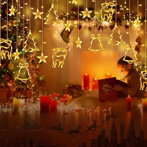 12 Sterne LED Lichterkette,ELEUTH Weihnachtsdeko Innen Lichtervorhang 138LEDs 8 Modi und Timer ,IP44 Weihnachtsbeleuchtung Außen für Fenster,Schlafzimmer,Garten,Balkon,Warmweiß von ELEUTH