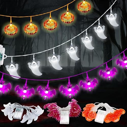 ELEUTH Halloween Deko, 3 Stück 3M 20 Led Halloween Lichter, Halloween Lichterkette mit Batteriebetrieben Kürbisse Fledermäuse Geister, 2 Modi für Außen Innen, Allerheiligen, Halloween Dekoration von ELEUTH