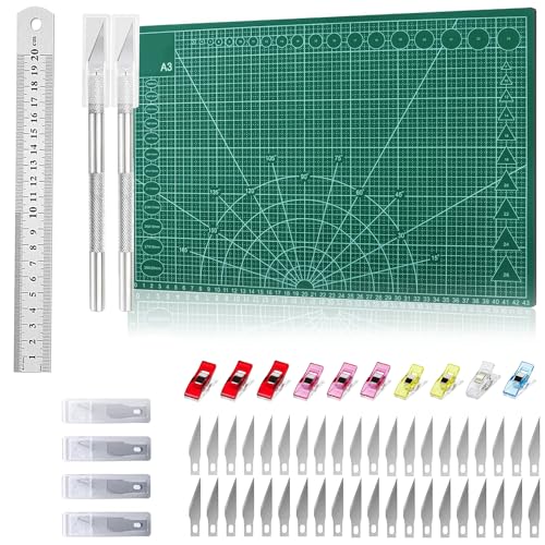 ELEpl Schneidematte Set A3 Schneideunterlage Selbstheilende mit Stahllineal 2 Tranchiermesser 42 Klingen 10 Nähklammer Schnittfest Cutting Mat für Handwerkliche Gravuren Malen (Beidseitig Nutzbar) von ELEpl