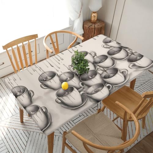 ELFcat Rechteckige Tischdecke mit elastischen Kanten, abwischbar, für 152 cm Weihnachten, handgezeichnete Teekannen und Tassen von ELFcat