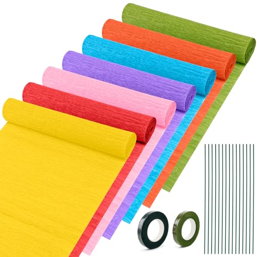 Krepppapier 7 Rollen Krepppapier Pastell Regenbogen Bunt Zum Basteln Crepe Papier Krepppapier Blumen DIY Florale Kunstwerke für Hochzeit Geburtstag Weihnachten Valentinstag mit 15x Äste 2x Klebeband von ELICNA