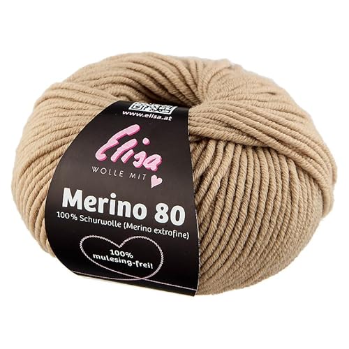 ELISA Merino 80 Wolle, extrafein 19 Mikron, 100% Schurwolle, 50 g/80 m LL, empf. NS 4,5-5,5, waschbar 40 °C (7176 Karamell) von ELISA