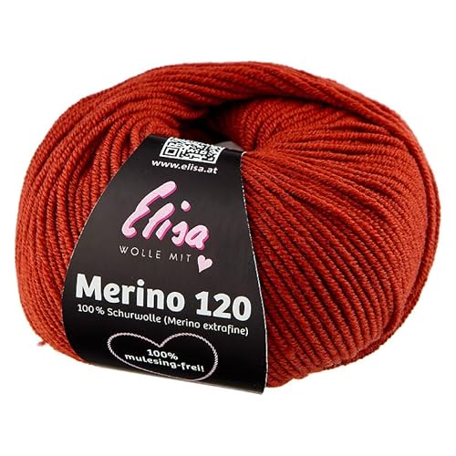 Elisa Merino 120, 50 g/120 m, Merinogarn aus extrafeiner Merinowolle,mulesing-frei,OEKO-TEX zertifiziert,100% Schurwolle(Merino extrafein) zum stricken häkeln (7216 kastanie) von ELISA