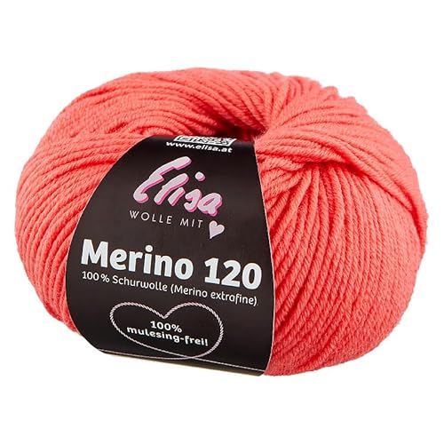 Elisa Merino 120, 50 g/120 m, Merinogarn aus extrafeiner Merinowolle,mulesing-frei,OEKO-TEX zertifiziert,100% Schurwolle(Merino extrafein) zum stricken häkeln (7219 KORALLE) von ELISA