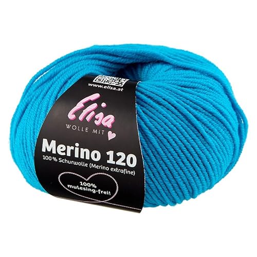 Elisa Merino 120, 50 g/120 m, Merinogarn aus extrafeiner Merinowolle,mulesing-frei,OEKO-TEX zertifiziert,100% Schurwolle(Merino extrafein) zum stricken häkeln (7225 türkis) von ELISA