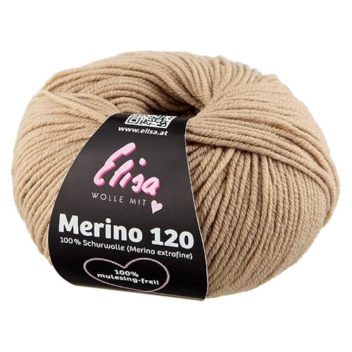 Elisa Merino 120, 50 g/120 m, Merinogarn aus extrafeiner Merinowolle,mulesing-frei,OEKO-TEX zertifiziert,100% Schurwolle(Merino extrafein) zum stricken häkeln (7276 taupe) von ELISA