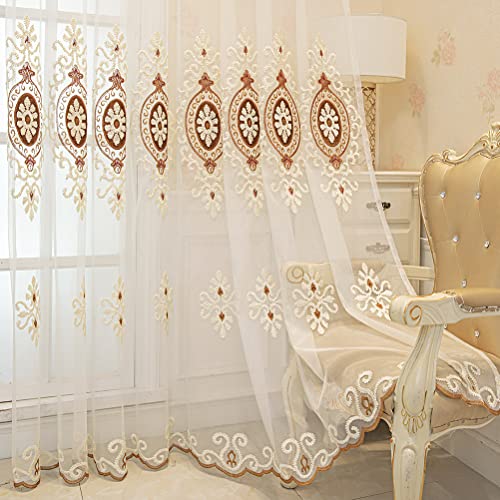 ELKCA Beige bestickte transparente Gardinen mit Ösen für Schlafzimmer, luxuriöser transparenter Tüll für Wohnzimmer, 132,1 x 243,8 cm, 2 Vorhänge von ELKCA