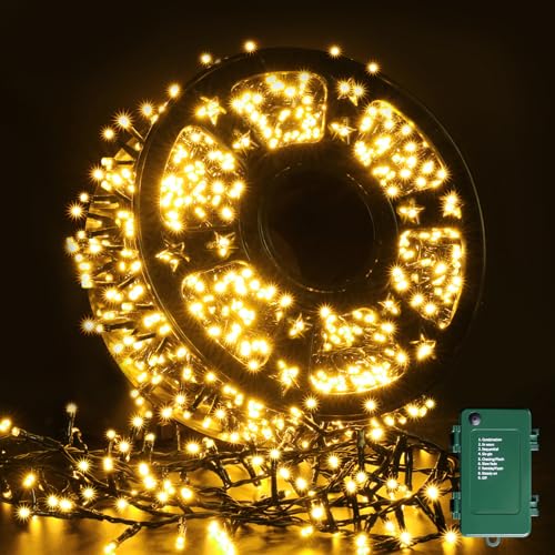 ELKTRY 1000 LED Lichterkette Außen Batterie, 50M 8 Modi Lichterkette Batteriebetrieben innen aussen mit 6h Timer, Warmweiß Wasserdicht Weihnachtsdekorationen für Weihnachtsbaum Zimmer Garten Balkon von ELKTRY