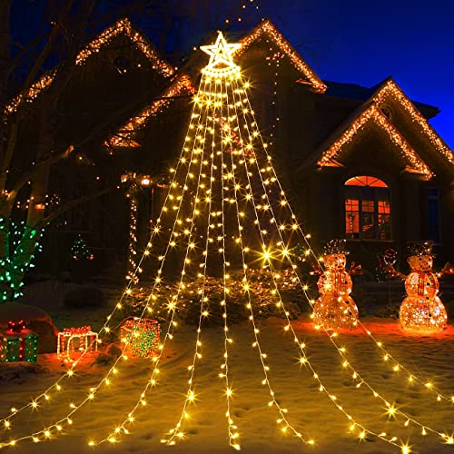 349 LED Lichterkette Außen mit Sterne, Elktry 3.5m x 9 Girlanden Warmweiß 8Modi Weihnachtsbeleuchtung Strom Timer, Wasserdicht Christbaumbeleuchtung Innen für Tannenbaum Weihnachtsbaum Garten Balkon von ELKTRY