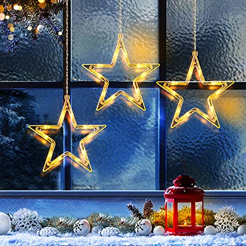 ELKTRY Weihnachtsdeko mit 3 Sterne, 30 LEDs Fensterdeko Stern Innen Batterie, Warmweiß Lichterkette Sterne Weihnachten Außen mit 4 Klebehaken für Fenster, Kinderzimmer, Weihnachten, Balkon, Garten von ELKTRY