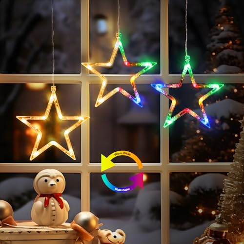 ELKTRY Weihnachtsdeko mit 3 Sterne, 30 LEDs Fensterdeko Stern mit timer, Memory Funktion Innen Batterie Warmweiß und bunt Weihnachtsstern Beleuchtung Außen von ELKTRY