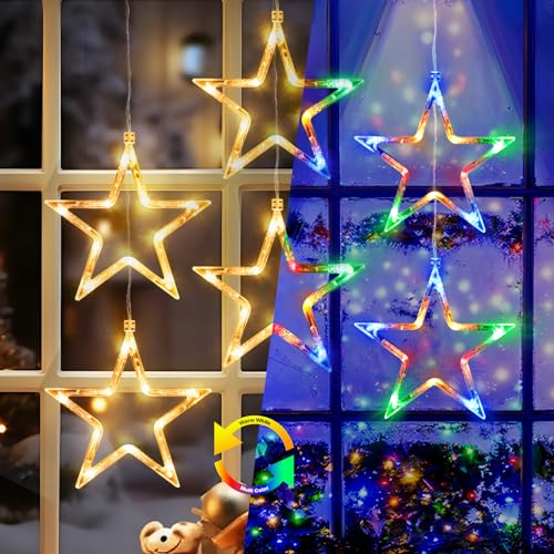 ELKTRY Weihnachtsdeko mit 6 Sterne, 2 Stück 60 LEDs Fensterdeko Stern mit timer, Memory Funktion Innen Batterie Warmweiß und bunt Weihnachtsstern Beleuchtung Außen von ELKTRY