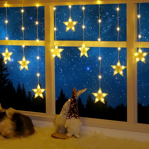 ELKTRY Weihnachtsdeko mit 9 Sterne, 76 LEDs Fensterdeko Stern Innen Batterie, Warmweiß 8 modi Lichterkette Sterne Weihnachten Außen mit Timer für Fenster von ELKTRY