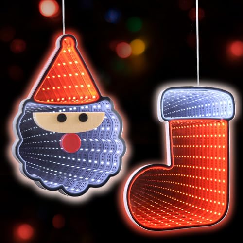 Elktry Weihnachtsdeko Fenster, 2 Stück 42 + 50 LED Weihnachtsbeleuchtung innen Batterie Infinity Spiegel Tunnel Lampe Batteriebetrieben, Timer, Kühles Weiß und Rot (Weihnachtsstrumpf + Weihnachtsmann) von ELKTRY