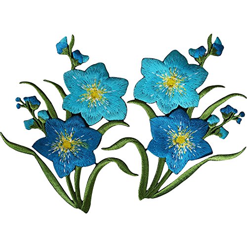 1 Paar blaue Blumen-Flicken zum Aufbügeln oder Aufnähen, bestickt von ELLU