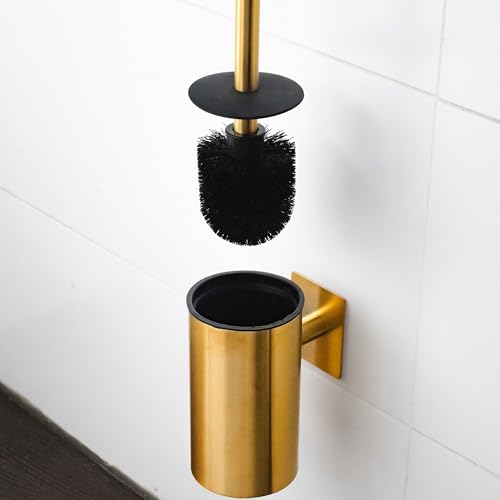 ELMOWO - Premium Edelstahl Klobürste ohne Bohren selbstklebend inkl. Spezialkleber (extrem sicherer Halt) - Klobürstenhalter hängend zur Wandmontage - Moderner WC Toiletten-Bürstenhalter (Gold) von ELMOWO