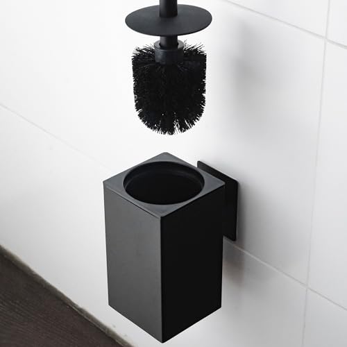 ELMOWO - Premium Edelstahl Klobürste ohne Bohren selbstklebend inkl. Spezialkleber (extrem sicherer Halt) - Toilettenbürsten-Halter hängend zur Wandmontage - Moderne WC Bürstengarnitur (schwarz) von ELMOWO