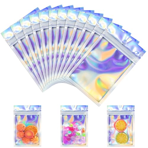 EMAGEREN 100 Stück Mylar Beutel Mylar Holographic Bags Verpackungsbeutel Wiederverschließbar Beutel Folienbeutel Mylar Aluminiumfolie Beutel zum Aufbewahren von Party Favor Schmuck, 7.5×12cm von EMAGEREN