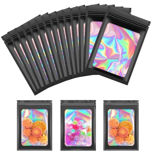 EMAGEREN 100 Stück Mylar Beutel Schwarze Mylar Holographic Bags Verpackungsbeutel Wiederverschließbar Beutel Folienbeutel Mylar Aluminiumfolie Beutel zum Aufbewahren von Party Favor Schmuck, 7.5×12cm von EMAGEREN