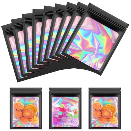 EMAGEREN 100 Stück Mylar Beutel Schwarze Mylar Holographic Bags Verpackungsbeutel Wiederverschließbar Beutel Folienbeutel Mylar Aluminiumfolie Beutel zum Aufbewahren von Party Favor Schmuck, 9×12cm von EMAGEREN