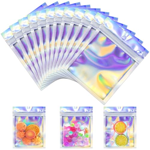 EMAGEREN 9x12cm 100 Stück Mylar Beutel Mylar Holographic Bags Verpackungsbeutel Wiederverschließbar Beutel Folienbeutel Mylar Aluminiumfolie Beutel zum Aufbewahren von Party Favor Schmuck von EMAGEREN